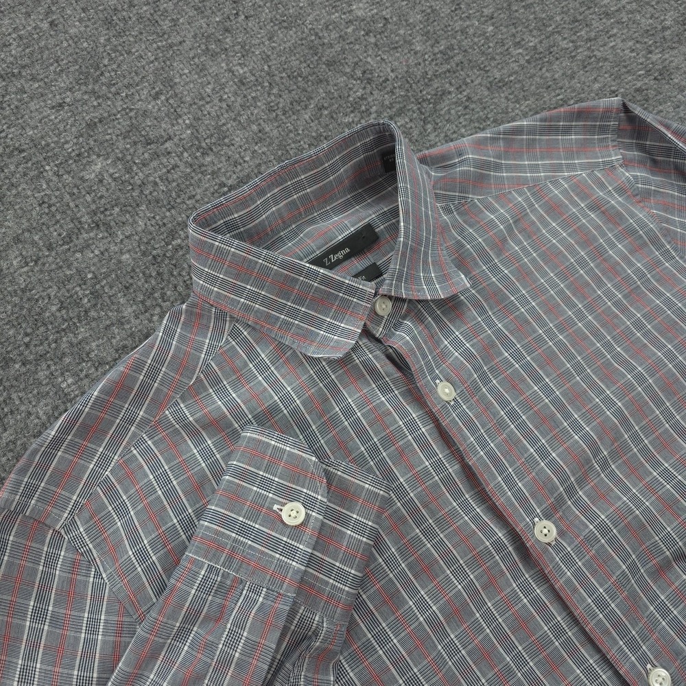 Z Zegna Shirt Mens 39 15.5 Gray Plaid Drop 8 Slim Fit Dress Long‎ Sleeve Cotton